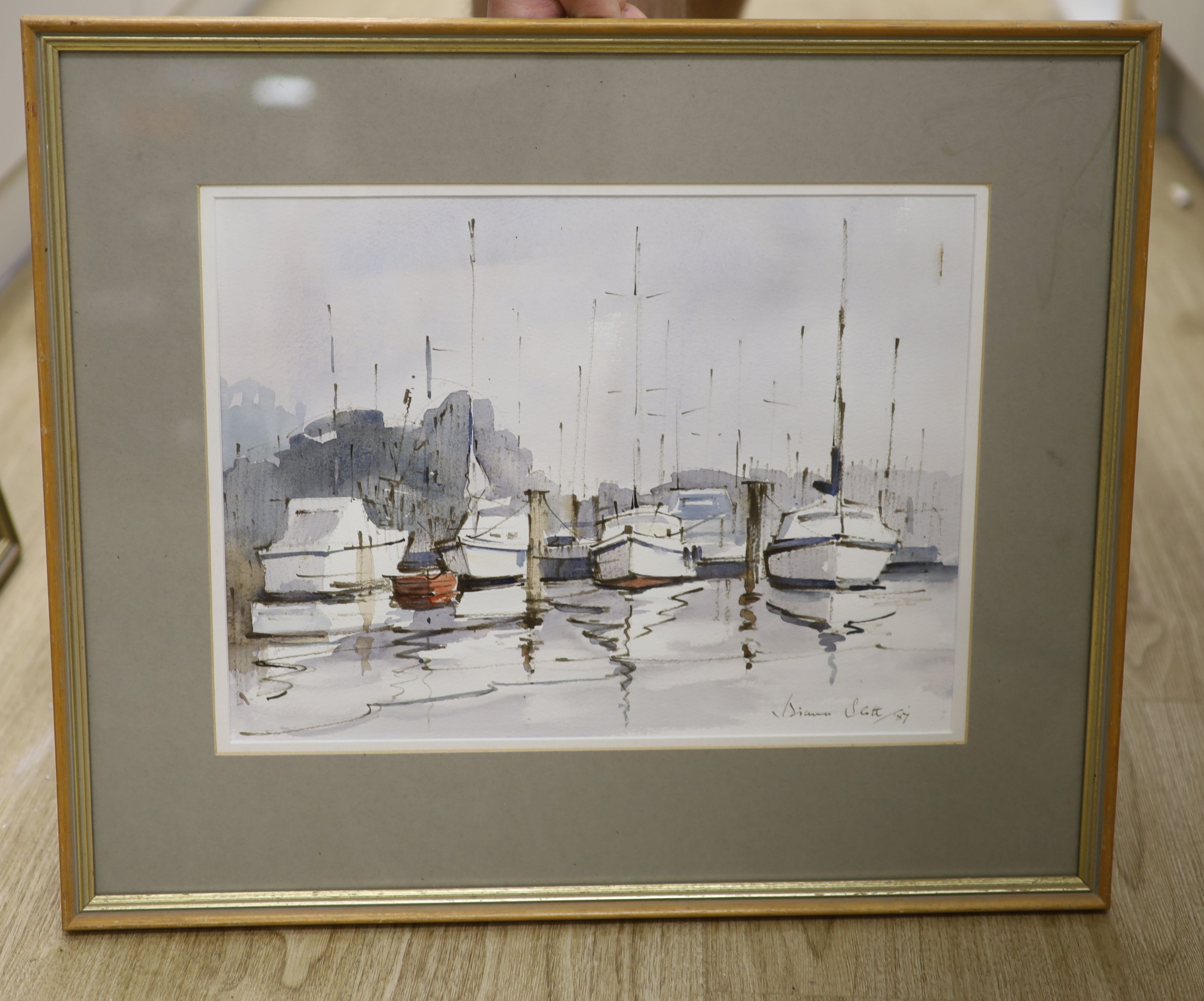 Diana Scott, watercolour, yachts in harbour, 28 x 38cm and a watercolour of Roses by M.Best, 33 x 40cm.